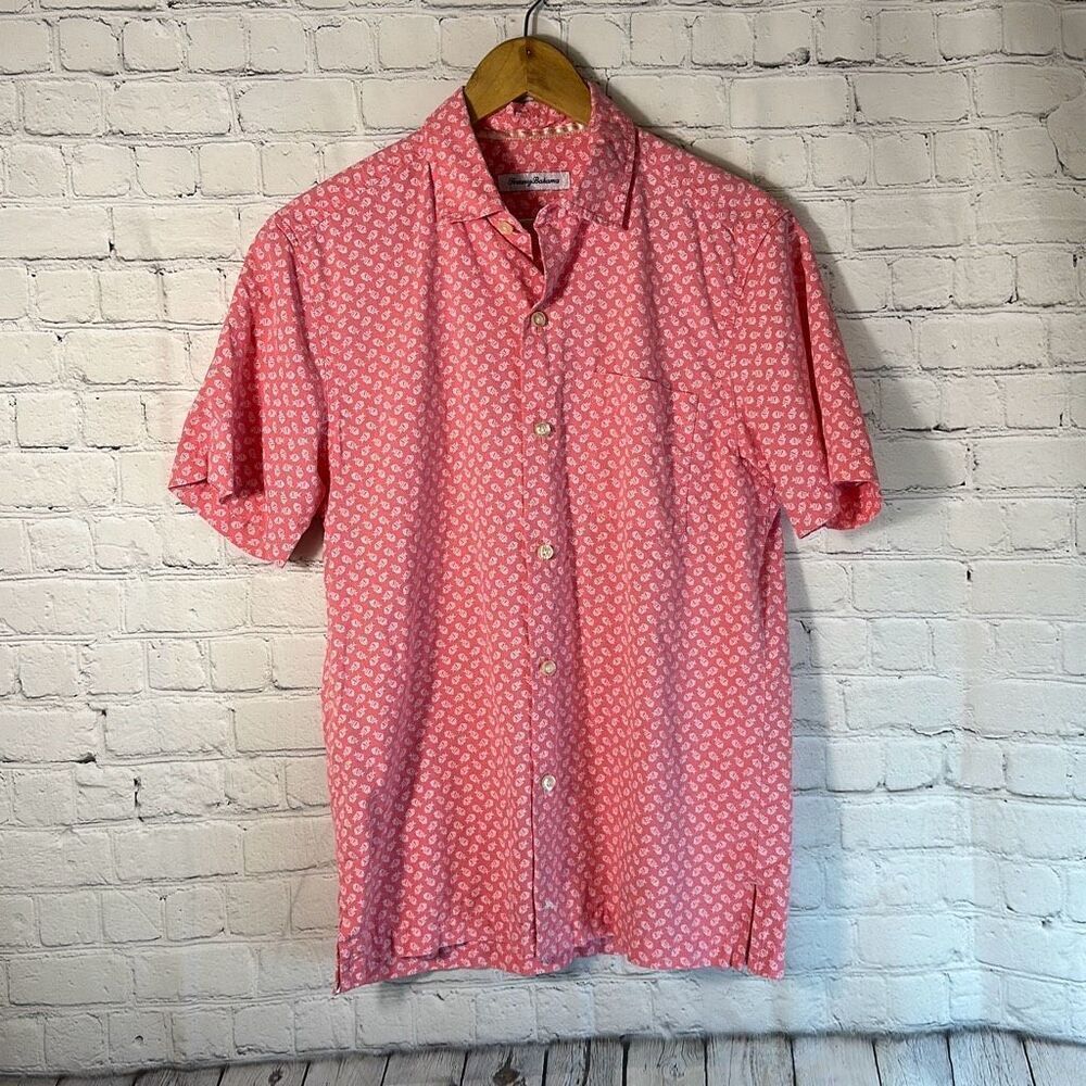 Tommy Bahama Mens Pink White Fish Print  Cotton Short Sleeve Button Down Shirt S